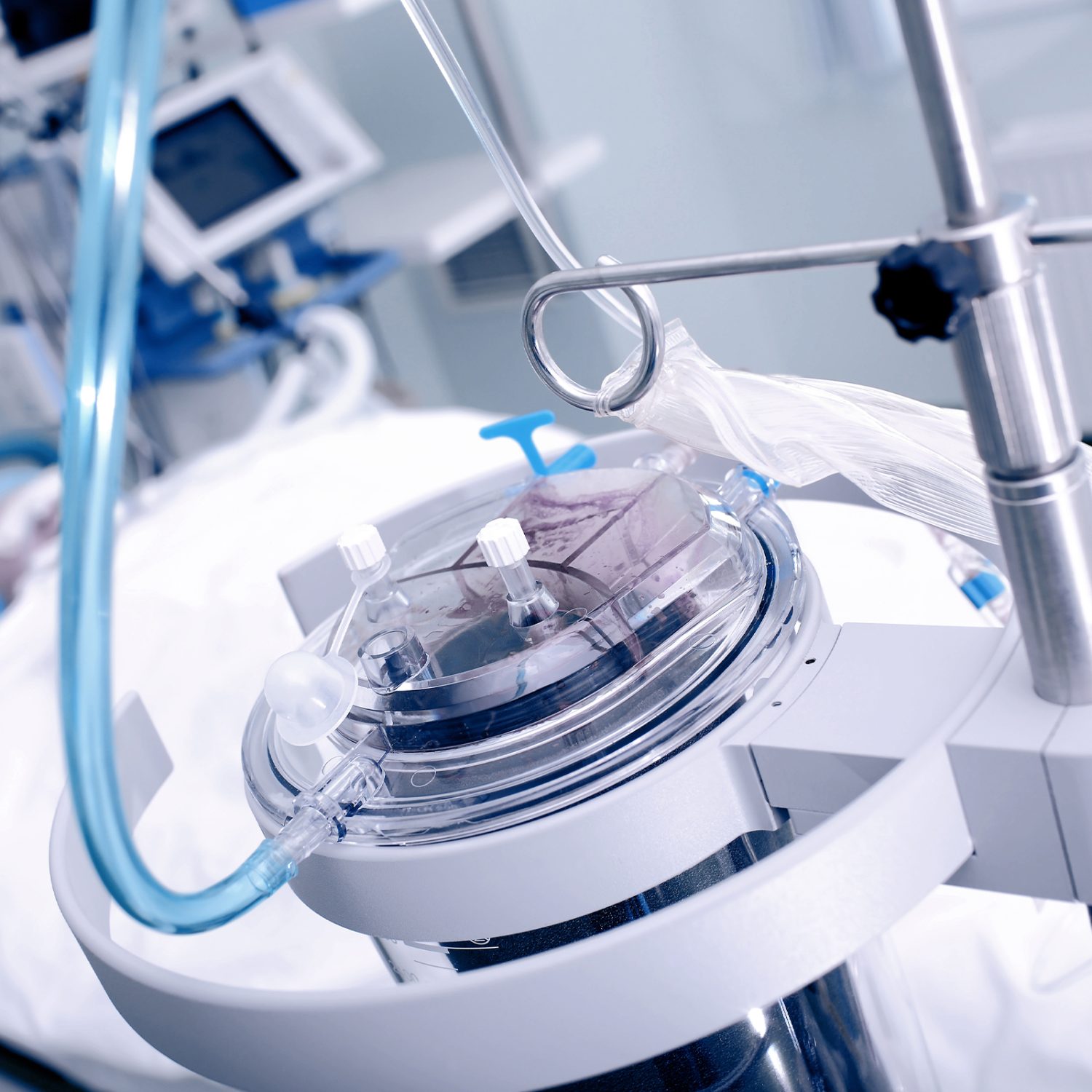 Close-up of medical equipment in lab, clinical, white and blue tech